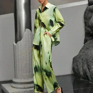 Green Casual Women's Tie-dye Drop Shoulder Shirt And Pants Two-piece Set